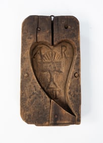 AMERICAN HEART-FORM MAPLE SUGAR MOLD WITH INITIALS.
