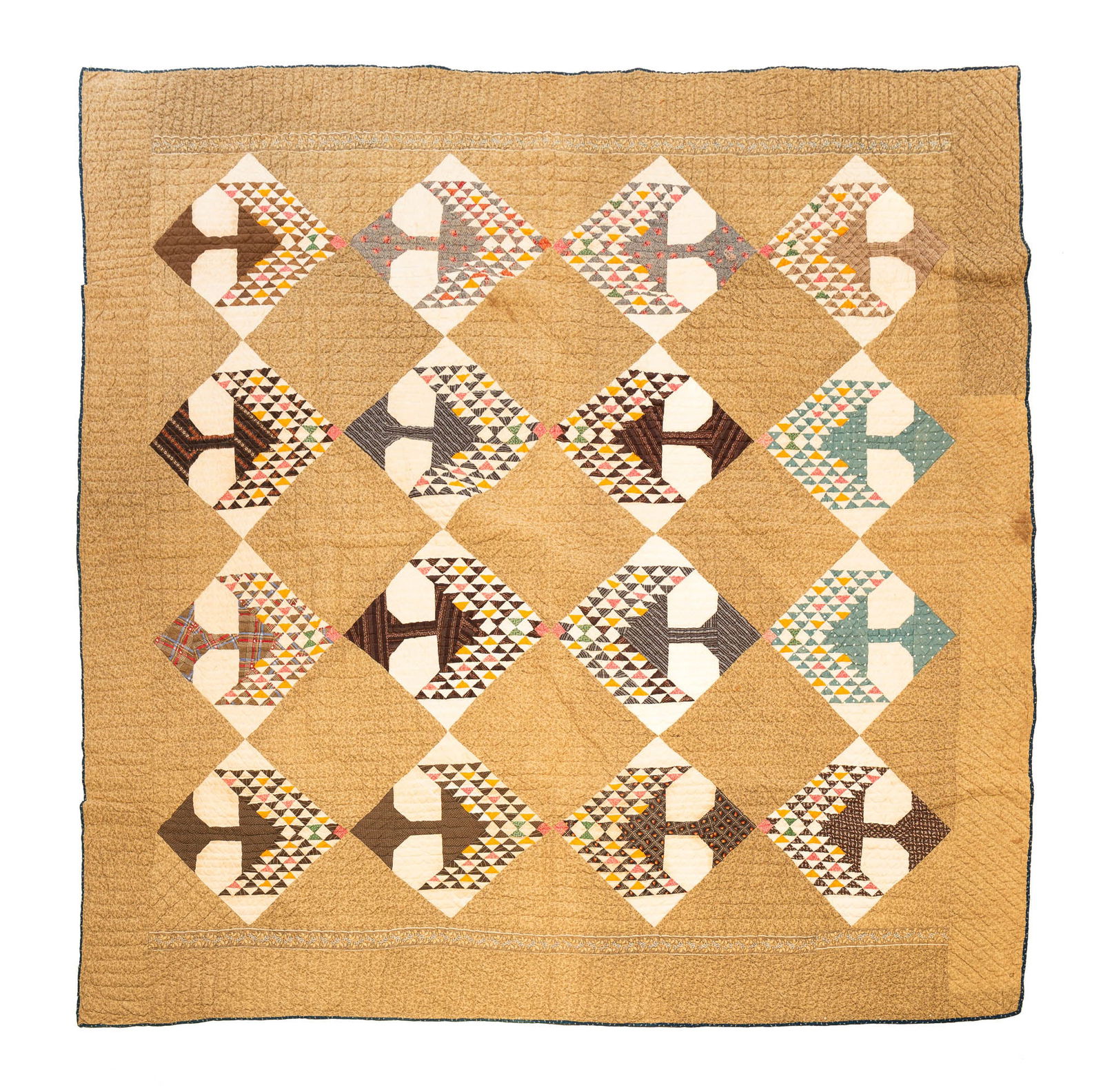 AMERICAN PIECEWORK TREE OF LIFE QUILT.: American, Late 19th Century. Cotton. Light green patterned field, white squares containing trees comprised from various patterned fabrics. Blue calico piping. 73"w. 78"l.