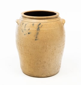 AMERICAN COBALT-DECORATED STONEWARE OVOID JAR WITH HANDLES.