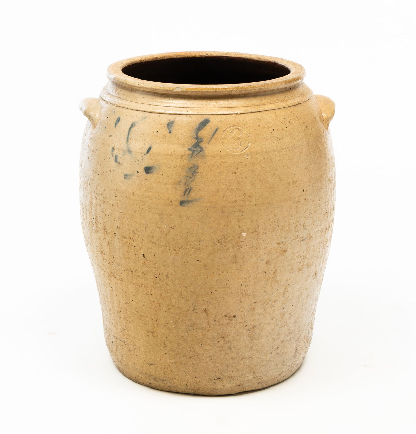 AMERICAN COBALT-DECORATED STONEWARE OVOID JAR WITH HANDLES.: American, 19th Century. Ovoid form with pronounced lip, applied lug handles, impressed "6" , and slight cobalt decoration. 15.5"h.