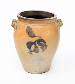 AMERICAN COBALT-DECORATED STONEWARE OVOID JAR WITH HANDLES.