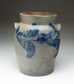 AMERICAN COBALT DECORATED STONEWARE JAR WITH HANDLES.