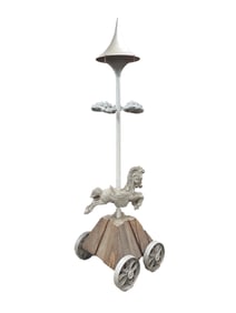 LARGE CAST ALUMINUM AND WOOD CAROUSEL HORSE SCULPTURE.