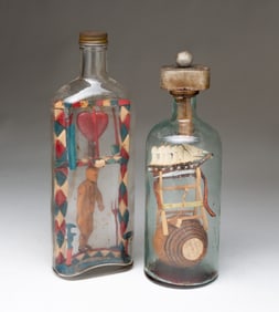 TWO AMERICAN FOLK ART BOTTLE WHIMSEYS.