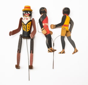 THREE AMERICAN FOLK ART PAINTED AND ARTICULATED DANCING FIGURES.
