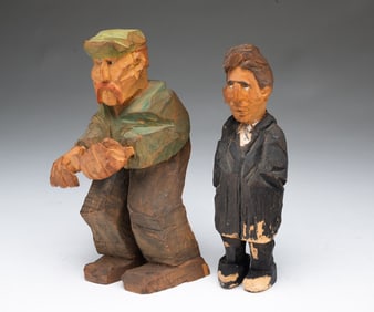 TWO AMERICAN FOLK ART CARVED AND PAINTED PINE FIGURES.