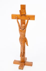 AMERICAN FOLK ART CARVED JESUS ON THE CROSS, SIGNED "W.L. BOURDEAU".