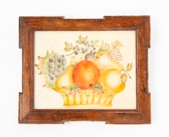 AMERICAN OIL ON VELVET THEOREM PAINTING OF FRUIT-FILLED BASKET.
