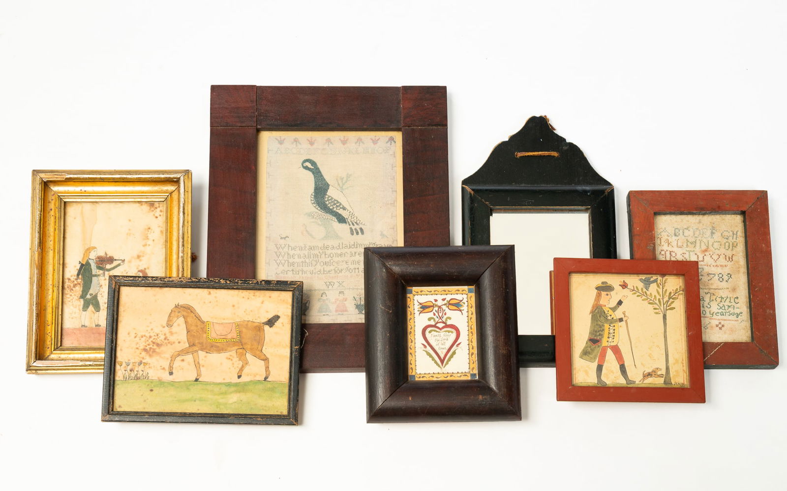 COLLECTION OF AMERICAN FRAMED WALL HANGINGS, INCL. WATERCOLORS, A SAMPLER, AND A DAVID T. SMITH &: American, 20th-21st Century. Includes three watercolors on paper, one signed "J.Kohler", a print of a sampler, a diminutive sampler signed "Minerva Tittle", a watercolor fraktur bookplate signed and d