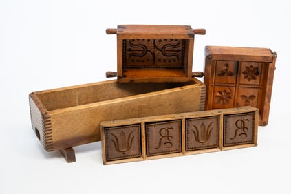 THREE AMERICAN CASED BUTTER MOLDS.