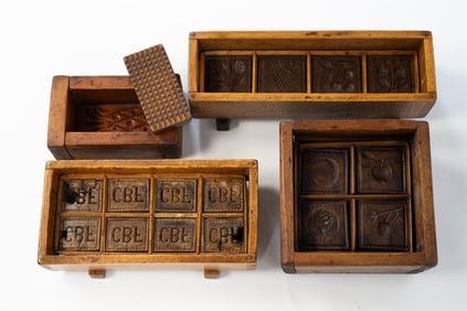 FOUR AMERICAN CASED BUTTER MOLDS.