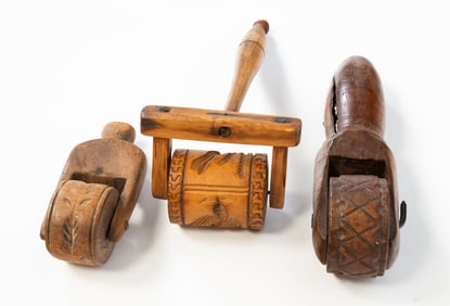 THREE SPRINGERLE WOODEN ROLLERS OR COOKIE MOLDS.