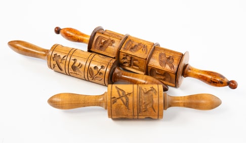 THREE SPRINGERLE WOODEN ROLLING PINS OR COOKIE MOLDS.