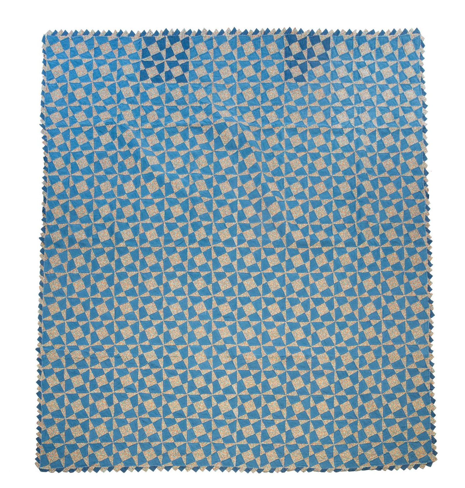 AMERICAN PIECEWORK QUILT IN WINDING WAYS PATTERN.: American, Early 20th Century. Polkadot fabric and a tan floral fabric in "Winding Ways" pattern with pinked edges. 74"l. 88"w.