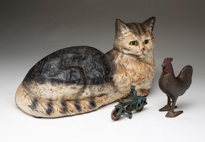 CAST IRON BANK, CAT AND TOY COP MOTORCYCLE.