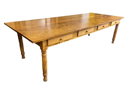 MONUMENTAL AMERICAN SHERATON STYLE TIGER MAPLE WORK TABLE.