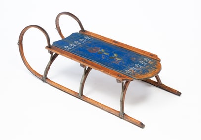 PARIS MFG. CO. (SOUTH PARIS, MAINE) PAINT-DECORATED WOOD AND STEEL SLED WITH FLORAL MOTIF.