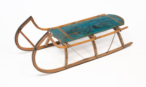 AMERICAN PAINT-DECORATED WOOD AND STEEL SLED WITH STAG MOTIF.