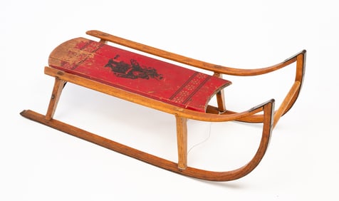 PARIS MFG. CO. (SOUTH PARIS, MAINE) PAINT-DECORATED WOOD AND STEEL SLED WITH SANTA CLAUS MOTIF.