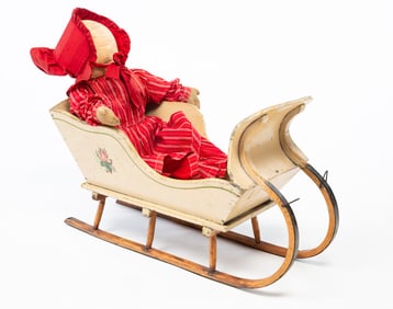 AMERICAN PAINT-DECORATED WOOD AND STEEL CHILD'S DOLL SLEIGH.