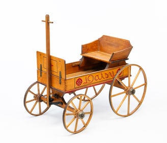 CHILD'S PAINT-DECORATED WOODEN "DAISY" PULL WAGON.
