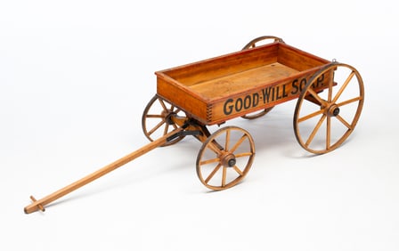 CHILD'S PAINT-DECORATED WOODEN "GOOD WILL SOAP" ADVERTISING PULL WAGON.
