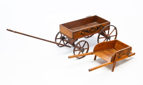 S.A. SMITH MFG. CO. (BRATTLEBORO, VERMONT) STENCIL-DECORATED CHILD'S WAGON PLUS WHEELBARROW WITH