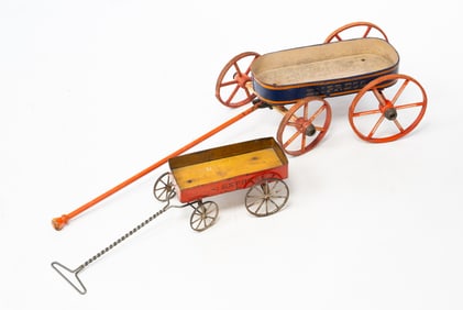 TWO DIMINUTIVE AMERICAN PAINT-DECORATED WAGONS.
