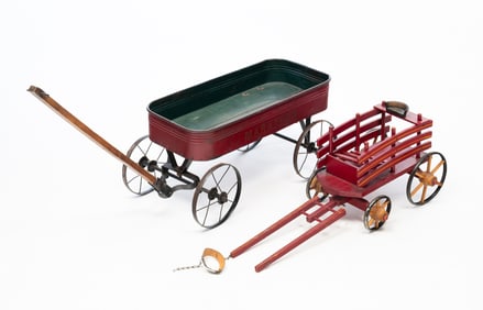 TWO AMERICAN PAINTED TOY WAGONS.