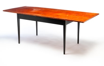 AMERICAN HEPPLEWHITE STYLE EBONIZED DINING TABLE WITH TIGER MAPLE TOP.