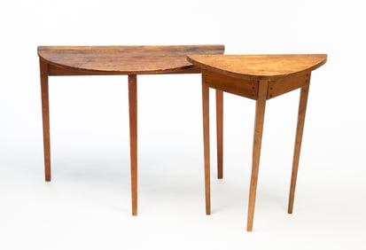 TWO AMERICAN HEPPLEWHITE PINE DEMILUNE TABLES.