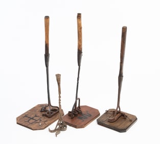 FIVE AMERICAN BLACKSMITH-MADE BRANDING IRONS.