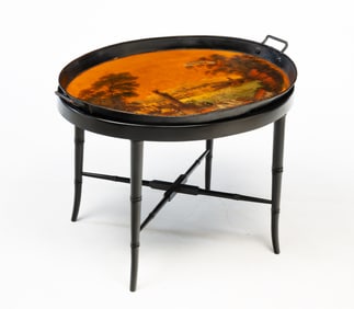 FRENCH SCENIC TOLE-PAINTED TRAY TABLE.