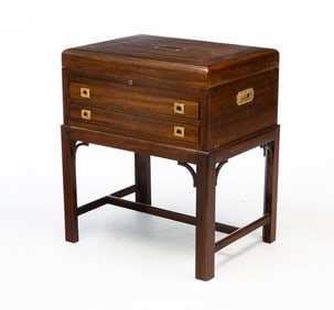 ENGLISH CAMPAIGN STYLE MAHOGANY SILVER CHEST-ON-STAND.