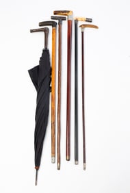 COLLECTION OF WOOD, ANTLER, AND HORN CANES PLUS PARASOL, INCL. TWO STERLING SILVER-MOUNTED EXAMPLES.