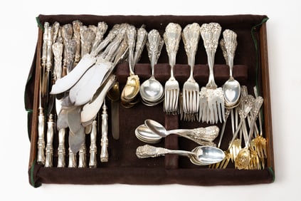 LARGE SET OF DURGIN "IRIS" STERLING SILVER FLATWARE.