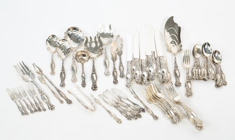 SIMPSON, HALL & MILLER "FRONTENAC LILY" STERLING SILVER FLATWARE.