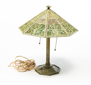 BRADLEY AND HUBBARD (MERIDEN, CONNECTICUT) ARTS AND CRAFTS VERDIGRIS-PATINATED METAL AND SLAG GLASS