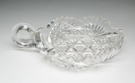 AMERICAN PRESSED GLASS CANDY DISH WITH HANDLE.