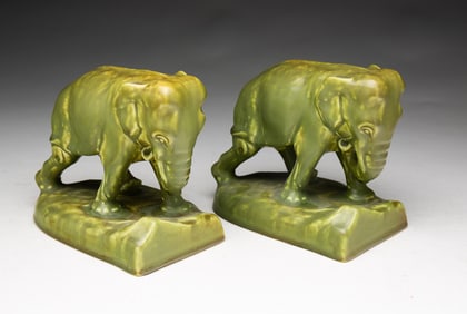 PAIR OF ROOKWOOD POTTERY CO. (CINCINNATI, OHIO) ELEPHANT BOOKENDS, DATED 1921.