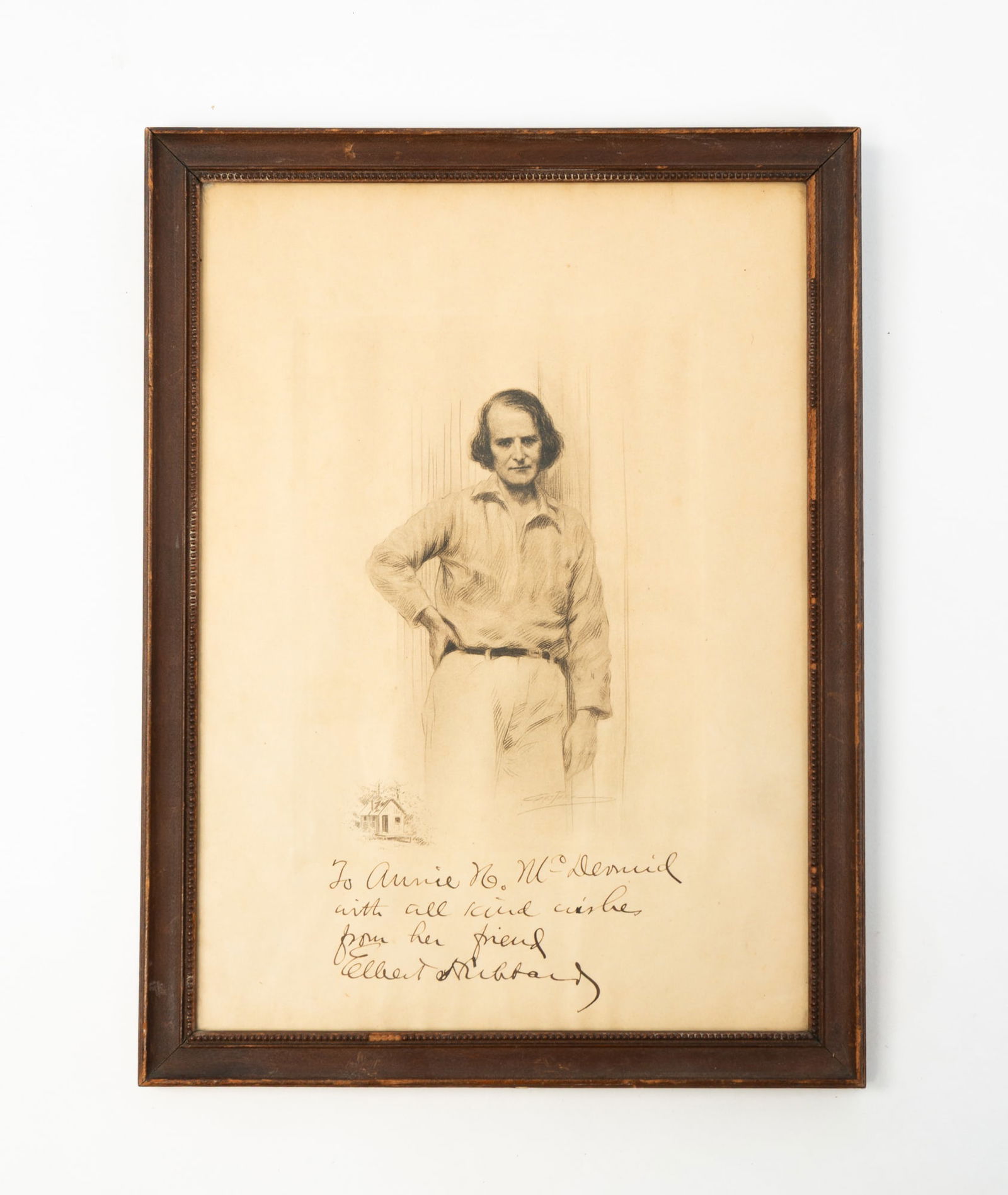 ELBERT HUBBARD (AMERICAN, 1856-1915), ROYCROFT FOUNDER, ETCHING AND NOTE.: American, Early 20th Century. Framed portrait print of Elbert Hubbard (American, 1856-1915) with handwritten note. 12"h. 8"w.