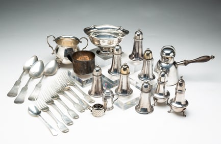 COLLECTION OF TWENTY-FOUR SILVER TABLE ITEMS.