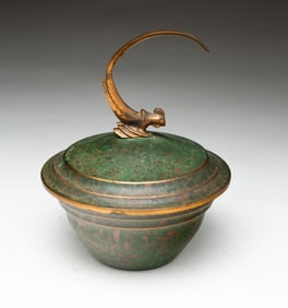 CARL SORENSEN (DANISH, 1893-1979) ARTS AND CRAFTS VERDIGRIS-PATINATED COVERED BOWL.