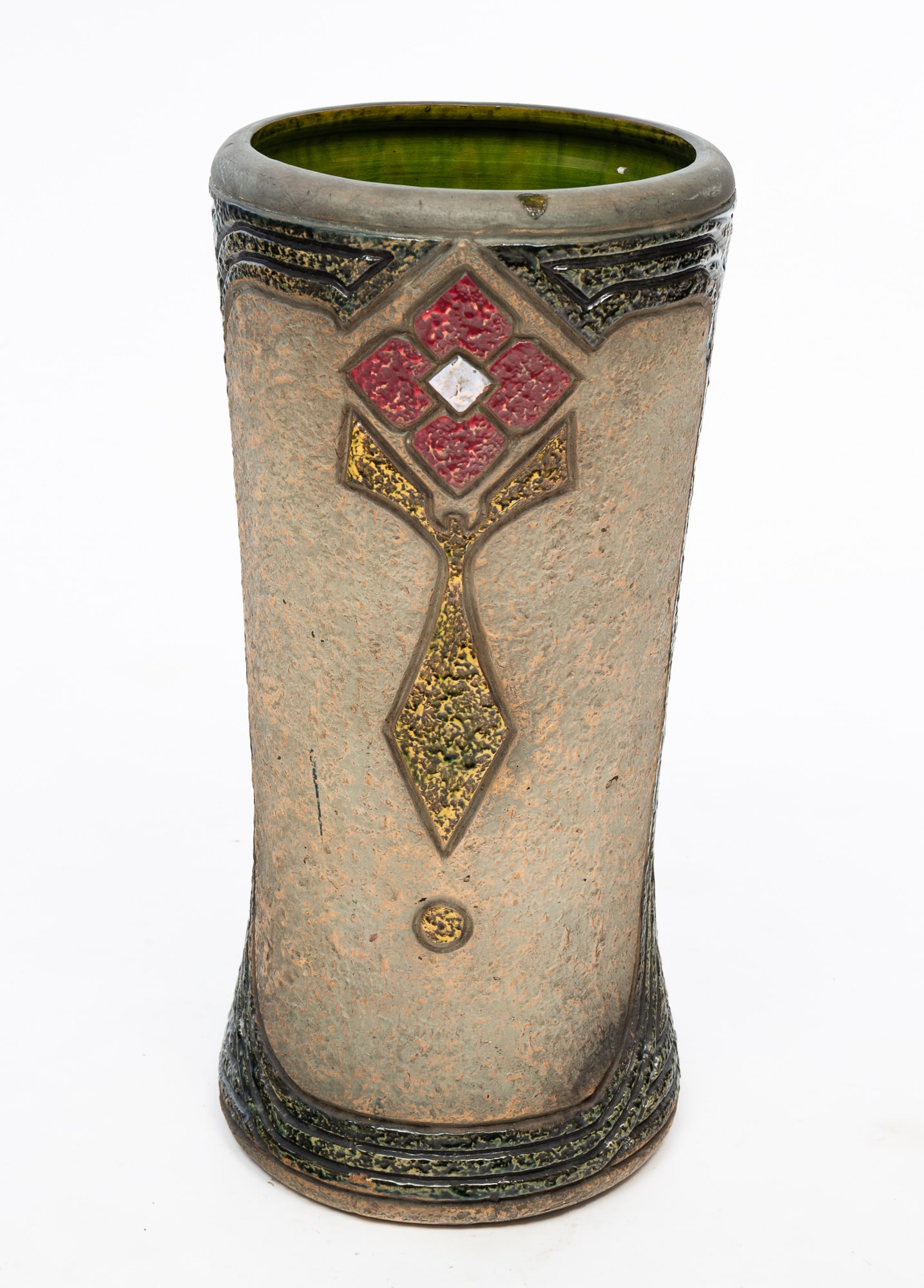 ROSEVILLE POTTERY CO. (ROSEVILLE, OHIO) "MOSTIQUE" UMBRELLA STAND.: Roseville Pottery Co. (Roseville, Ohio), Early 20th Century. Cylindrical form with flared top and base, decorated with a geometric floral design and a green interior. 21"h. 9.75"d.
