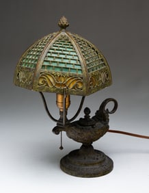 BRADLEY AND HUBBARD (MERIDEN, CONNECTICUT) ARTS AND CRAFTS PATINATED METAL AND SLAG GLASS "ALADDIN