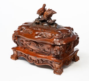 THE GAZO FAMILY CLOCK CO. (SAN DIEGO, CALIFORNIA) "QUAILS OF CARMEL" CARVED WALNUT MUSIC BOX, DATED