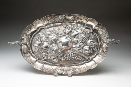 EUROPEAN HANDLED CHASED 800 SILVER TRAY.