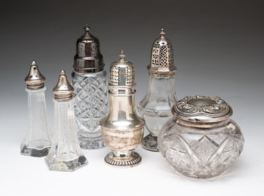 SIX GLASS AND STERLING ITEMS.