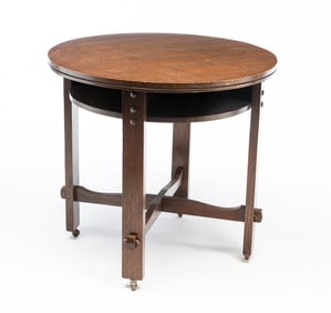 ATTRIBUTED TO MICHIGAN CHAIR COMPANY OAK LAMP TABLE.