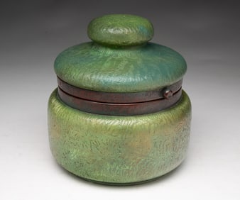 HANDEL (MERIDEN, CONNECTICUT) ARTS AND CRAFTS BRONZE-MOUNTED CERAMIC HUMIDOR.